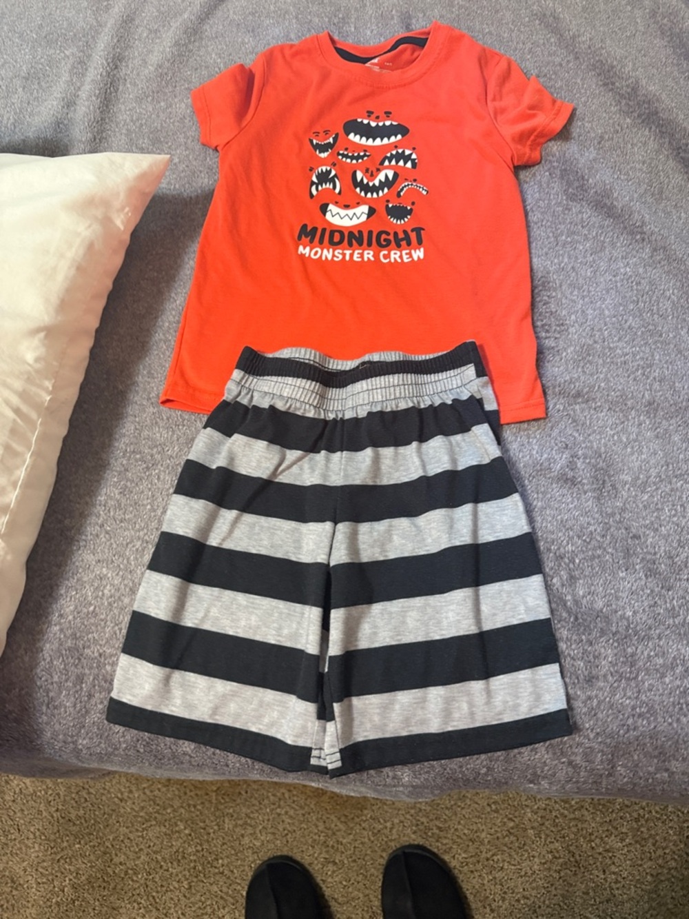 Orange 'Midnight Monster Crew' Tee and Black/Gray Striped Shorts Set